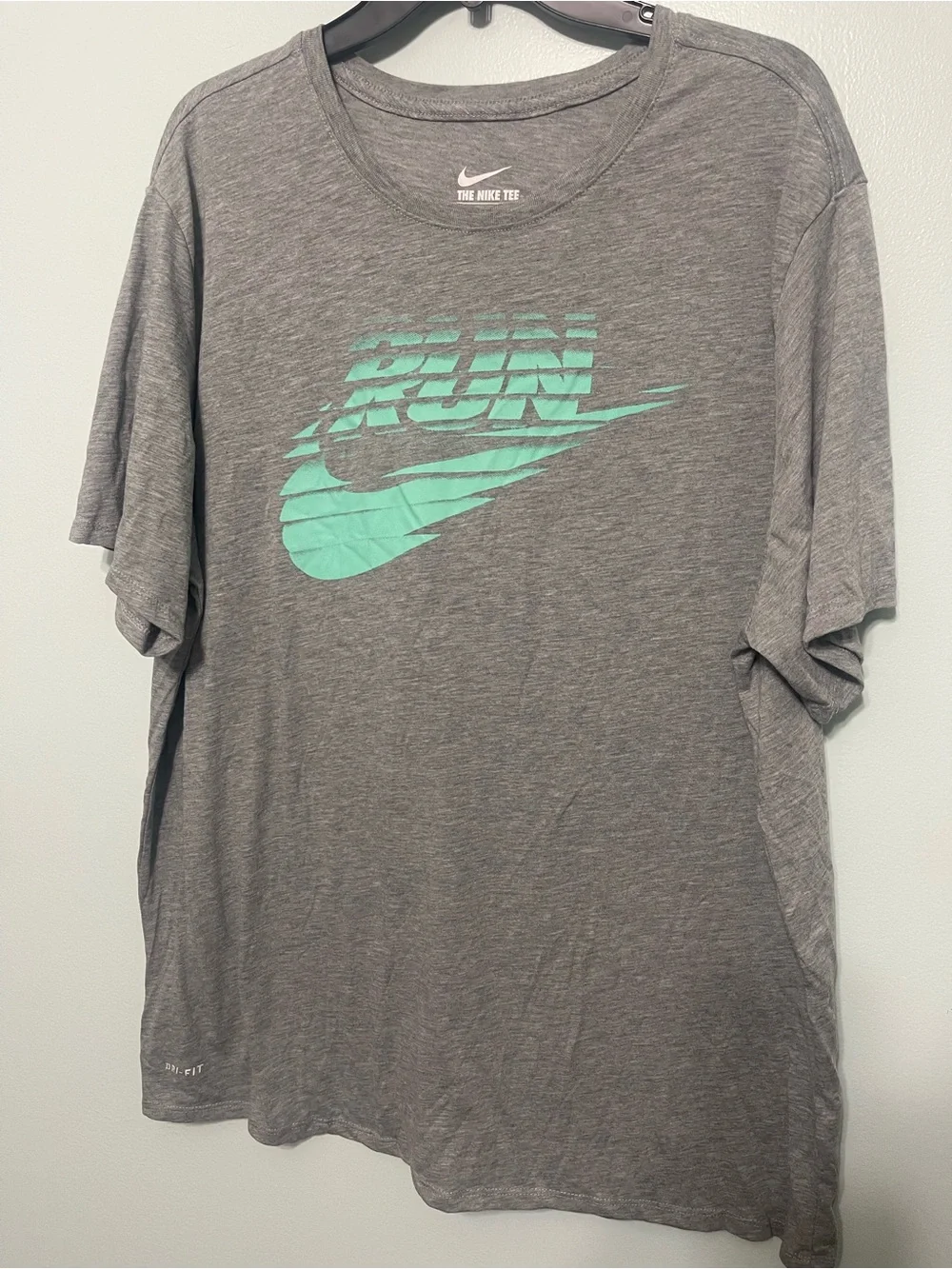 Nike Gray Tee with Teal RUN and Swoosh Graphic